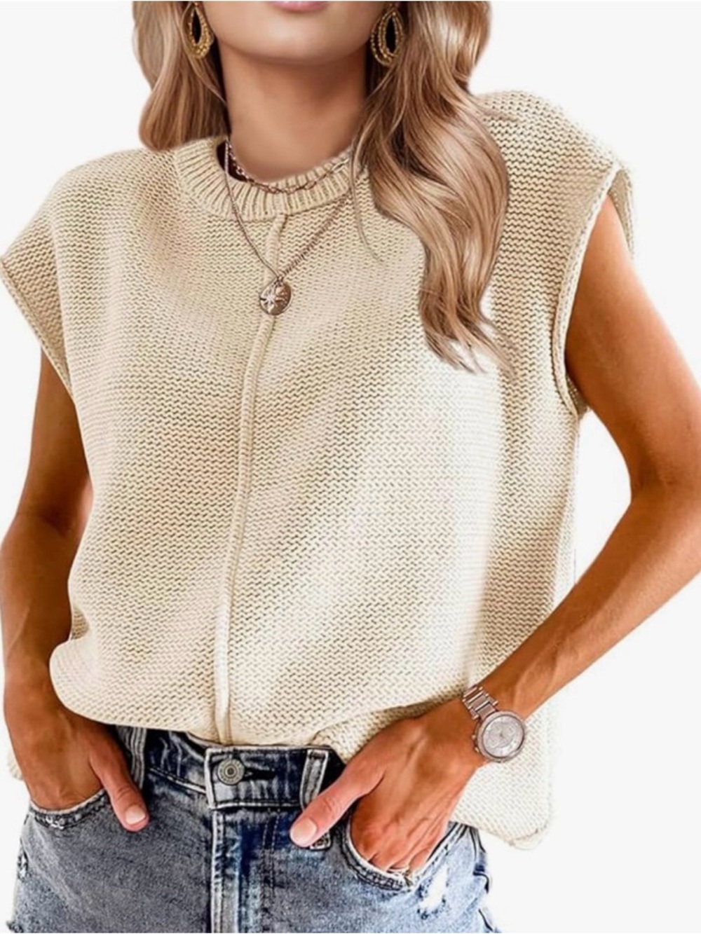 Cream Knit Sleeveless Sweater Top